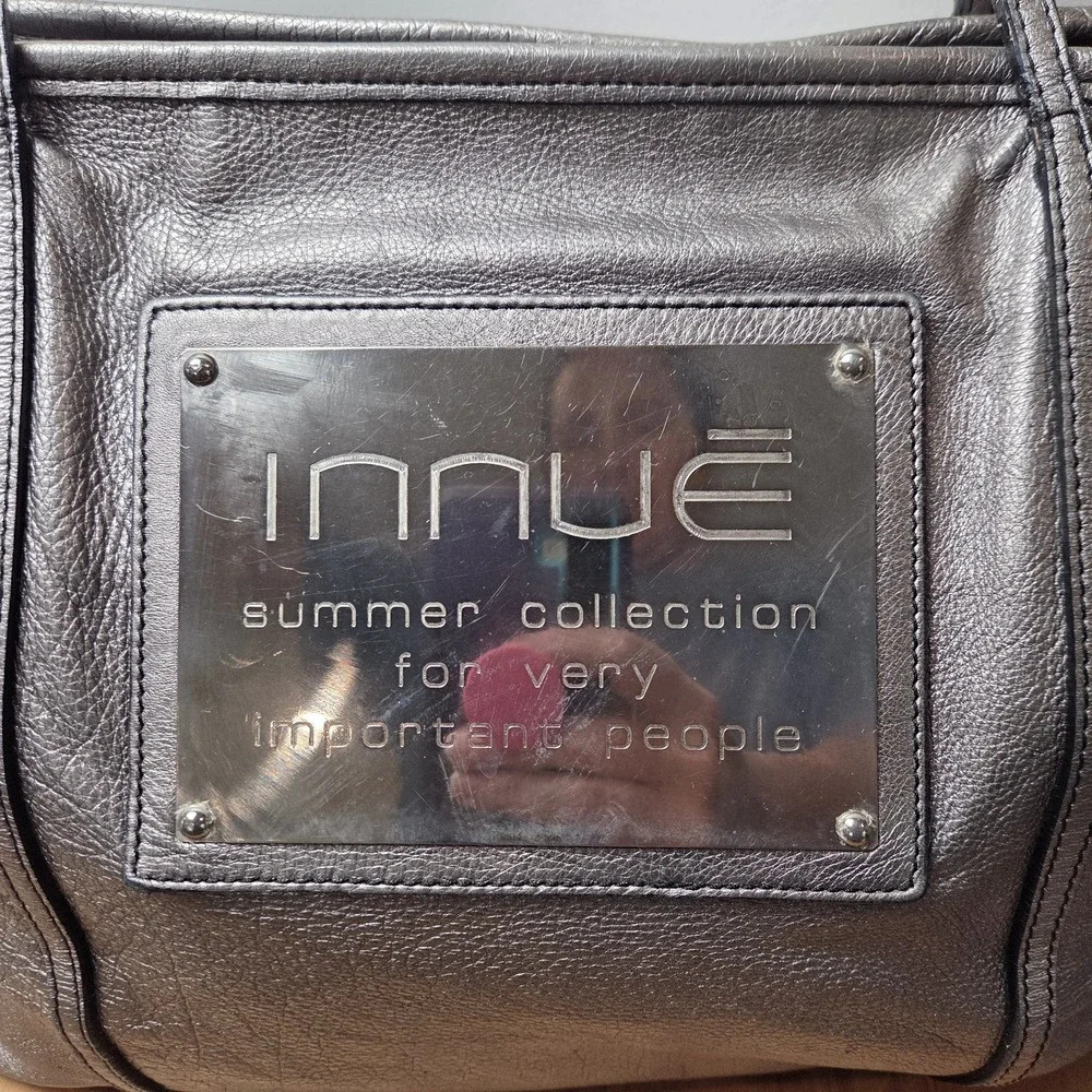 Innue Metallic Gunmetal Leather Tote Bag Made in Italy Y2K Large Shoulder Purse